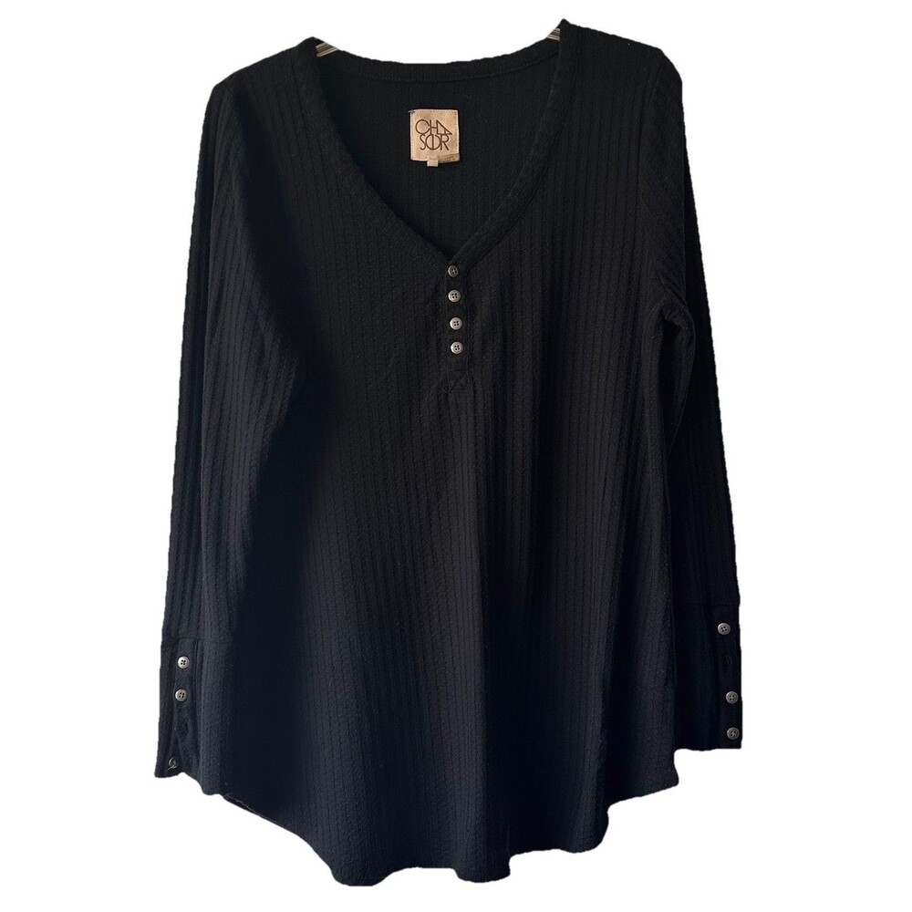 Chaser Women's Long Sleeve Thermal Waffle Knit Henley Shirt Black Size XL